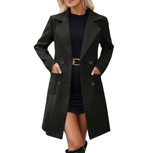 Wollmantel Damen Lang Mantel Elegant mit Reverskragen Zweireihig Vorne Offen Trenchcoat, Warm Wolle Übergangsmantel Herbst Wintermantel Dick Gefüttert Klassischem Outwear Langarm Wollmäntel, Schwarz
