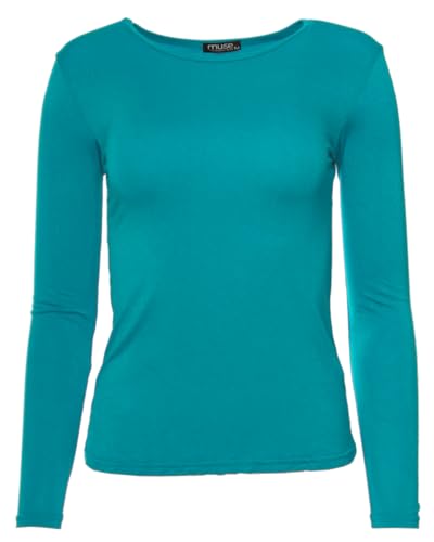 Easy Young Fashion - Damen Basic Rundhals Shirt - Langarm Unterziehshirt - Skinny Fit 1093 - Tealblue L