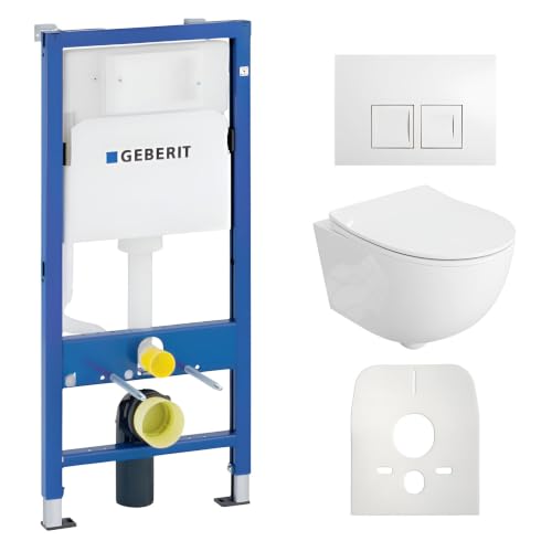 Lavita Duofix Basic Vorwandelement + Lavita Wand Tiefspül WC Dalia Weiß Spülrandlos Tornado Spülsystem + WC Sitz mit Absenkautomatik + Bedienplatte Delta 25 Weißer Knopf Komplettset Toilette WC