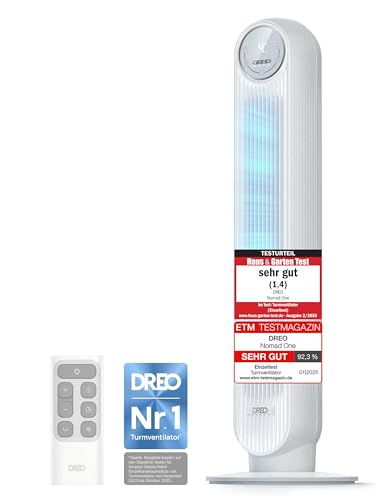 Dreo 20dB Leiser Turmventilator, 10 m Wurfweite 4 Geschwindigstufen 4 Modi 8 Std. Timer 90° oszillierende Ventilator mit Kühlung Fernbedienung für Schlafzimmer, Nomad One, Weiß