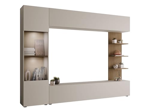 Mirjan24 Wohnwand Lazando, Anbauwand, Mediawand, Schrankwand bestehend aus Hängeschrank, Vitrine, TV-Lowboard und Wandregal (Cashmere/Cremona Eiche, mit weißer LED Beleuchtung)