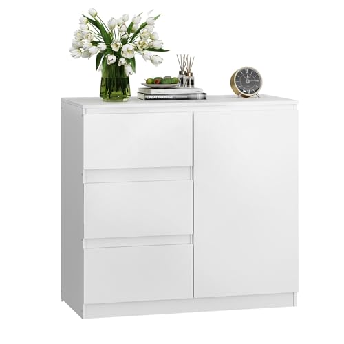 WLIVE Sideboard & Kommode mit 3 Schubladen, Schrank mit 1 Tür 2 Regalen, Modernes Sideboard, für Wohnzimmer, Schlafzimmer, Flur, Weiß, 80 x 75 x 40 cm