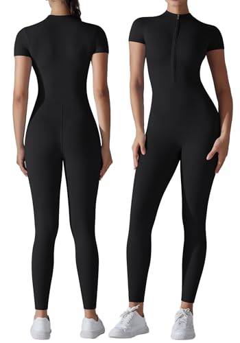 SEAUR Yoga Overall Damen Lang Sport Jumpsuit Bodycon Kurzarm Einteiler Strampler 1/2 Zip Bodysuit Eng für Gym Fitness Jogging - M