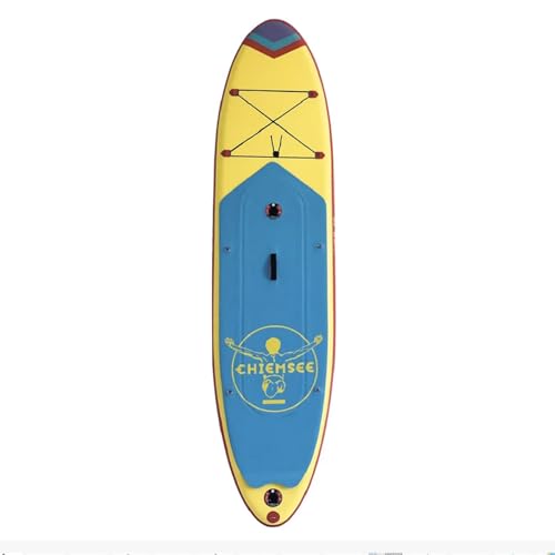 Happy People Chiemsee Stand Up Paddle Set 325 cm – SUP Board aufblasbar Komplettset mit Paddel, Pumpe & Rucksack – Doppelkammer Drop Stitch, bis 150 kg – stabiles Allround SUP für Anfänger (gelb/blau)