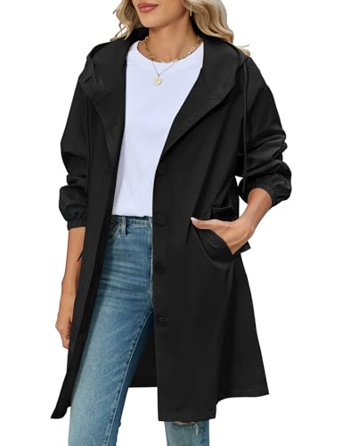 CMTOP Mantel Damen Lang Elegant Leichte Trenchcoat, Einfarbig Klassische Mäntel Winddichter Übergangsmantel Wasserabweisend Windjacke mit Taschen, Kapuze für Frühling Sommer Herbst(Schwarz,L)