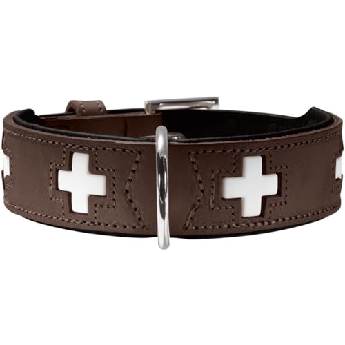 HUNTER Hundehalsband SWISS, Farbe: braun/schwarz, weiches Rindnappaleder, handvernähte Schweizer Kreuze, langlebig und komfortabel, hochwertige Handarbeit, Made in Germany, Größe: M-L (60)