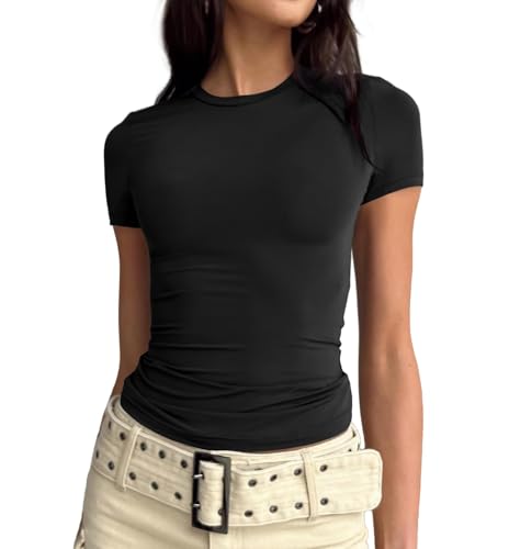 Cuptacc Tshirt Damen Sommer Solid Slim Passform Top für Teenager Mädchen Kurzarm Rundhals T-Shirt Streetwear Schwarz XS