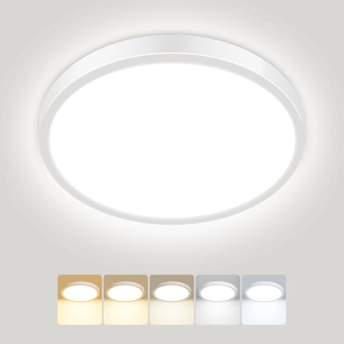 Peasur LED Deckenleuchte Flach,Deckenlampe 5Farben-3000/3500/4000/5000/6500K,IP54 Wasserfest Badezimmer Lampe Decke,15W Badlampe Modern Rund Ultra Dünn für Bad Schlafzimmer Keller Wohnzimmer,18*1.6cm