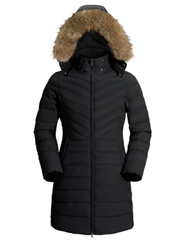 Pioneer Camp Wintermantel Damen Lang Warm Steppmantel Wasserdicht Winterjacke Mantel Damen Winter mit Abnehmbarer Kunstpelzkragen Schwarz L