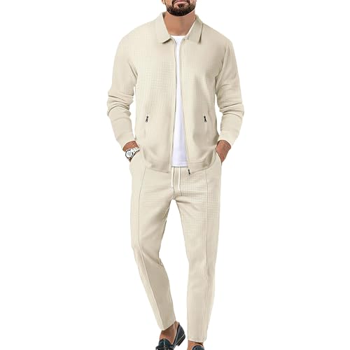 aromm Herren Waffel-Trainingsanzüge Langarm Voll Reißverschluss Jacke & Hose 2-teiliges Set Beige für Lässig Sport Arbeit, XL