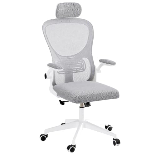 Jocoevol Bürostuhl Ergonomisch, Schreibtischstuhl mit Kopfstütze, Armlehnen, Lendenwirbelstütze, Chefsessel aus Mesh, Rückenschonend, Bürostuhl 150kg, für Büro, Home-Office, Studenten, Grau