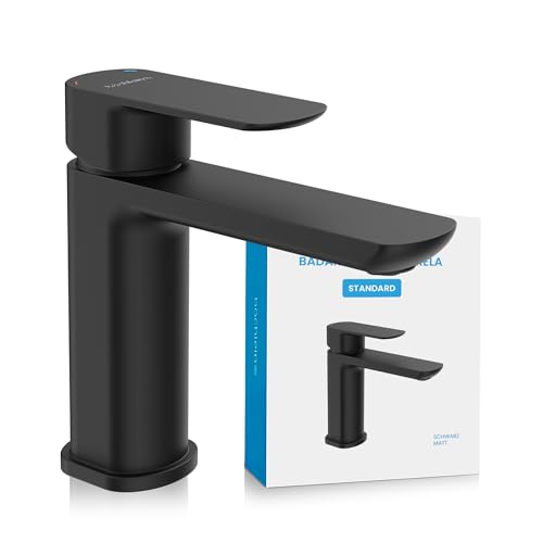 Bächlein Badarmatur Mizarela in klassischem Design, Einhebelmischer mit langlebiger Keramikkartusche und Montage-Set, Bad Wasserhahn Matt Schwarz - flacher Auslauf