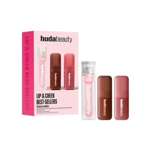 Huda Beauty Lip & Cheek Best-Sellers Bronze Nudes Set, 2 Liquid Blush und Faux Filler Lip Oil, Strahlender Finish