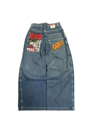 Unisex Y2K Hip-Hop-Stil Jeans Gothic Streetwear 2025 Hoch taillierte, lockere, zerrissene, Bedruckte, bestickte Jeans(Color15,Small)