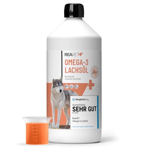 TESTURTEIL SEHR GUT 2026 ReaVET Lachsöl Hunde 1 Liter – Reich an Omega 3 & 6, Fischöl Hund hochdosiert, echte Lebensmittelqualität ohne Zusätze, frisch abgefüllt in Deutschland