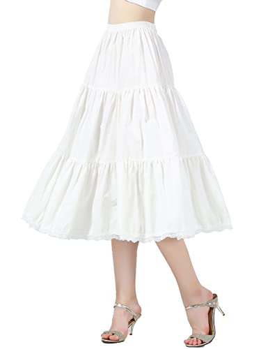 BEAUTELICATE Unterrock Damen Baumwolle Vintage A-Linie Rock Lang Kurz Halbrock mit Spitze Petticoat Unterrock für Dirndl Durchsichtige Kleider,Elfenbein Weiß - 90cm Länge,XXL