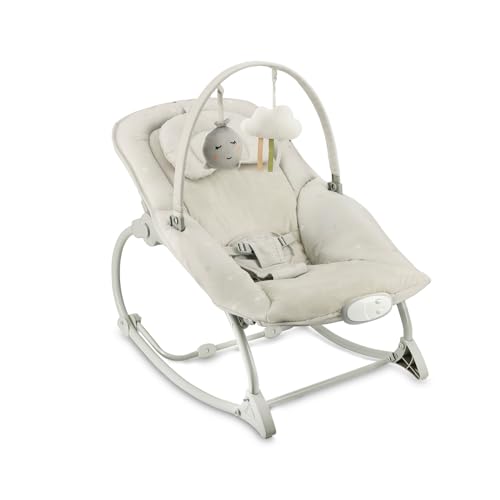 MoMi Babywippe LAPIS für Babys bis 12 kg, Batteriebetrieb, 3-Punkt-Sicherheitsgurt, Bügel und 2 Spielzeuge, 3-fach verstellbare Rückenlehne, 8 Melodien, Lautstärkeregelung, 3 Vibrationsmodi