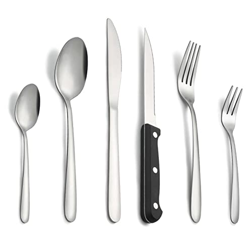 Besteck, Pleafind 36 teilig Besteck Set für 6 Personen, Besteckset aus Edelstahl in Lebensmittelqualität, Bestecksets, Silber Besteck inklusive Löffel, Messer, Gabel, Steakmesser, Spülmaschinenfest