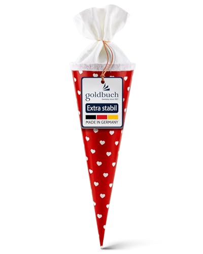 goldbuch 93 012 Geschwistertüte Herzen, Schultüte aus Lackarton mit Herzenmuster, Geschenkverpackung mit weißem Filzverschluss (ohne Verschlussband), Zuckertüte rund, Länge 35 cm, Ø 11,5 cm, Rot