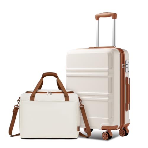 KONO 55cm Handgepäck-Koffer Trolley Set 2 Teilig Gepäcksets, Kleiner Koffer mit Rollen Handgepäck Set mit Ryanair Reisetasche 40x30x20cm, Cremeweiß