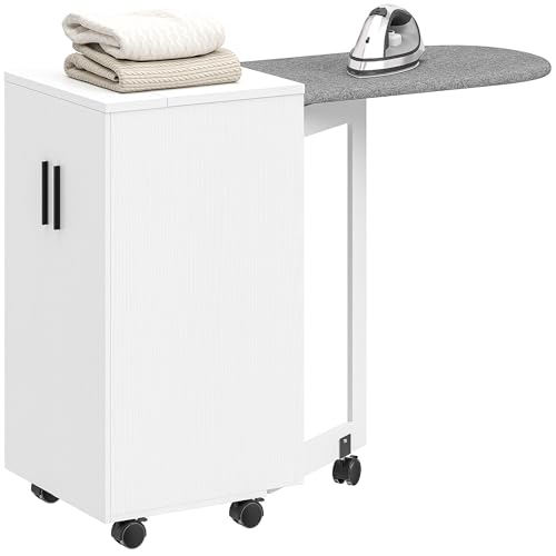HOMCOM 2-in-1-Bügeltisch, klappbarer Bügeltisch auf Rollen mit verstellbarem Regal und Soft-Close-Scharnieren, Aufbewahrungsmöbel für kleine Räume, Waschküche, 128 x 43 x 83 cm, weiß