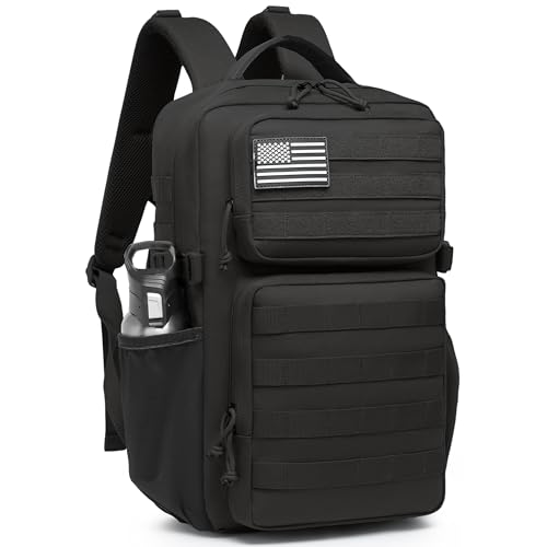 Wotony Militärischer taktischer Rucksack für Herren, wasserdichter Tagesrucksack, 3-Tage-Assault Pack, Molle-Tasche mit Wasserflaschenhalter (Schwarz, 25L)