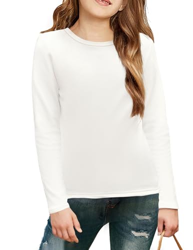 Arshiner Kinder Langarmshirt Weiße Mädchen Innenfleece Tops Einfarbig Thermo Oberteile Rundhals Pullover Lässig Unterhemden Mode Elastisches Unterziehshirt 7-8 Jahre