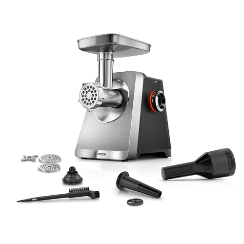 Bosch Fleischwolf Serie 8, 3 Lochscheiben (3/4,5 / 8mm), Edelstahl, spülmaschinenfest, Kebbe- & Wurst-Aufsatz, Motorblockleistung 2.500 W, elektrisch, MultiPower MFWS820M