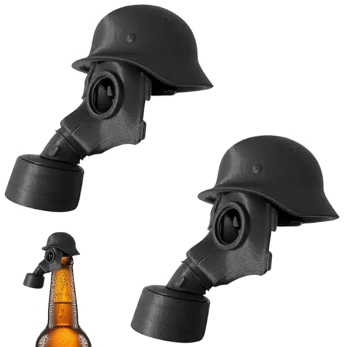 GMDP 2 Stück Gasmaske Bierflaschenverschlüsse,Lustige Bierflaschen Soldaten Helm mit Maske,Bierflaschenverschluss,Wiederverwendbare,Vintage-Militär-Design (Schwarz)