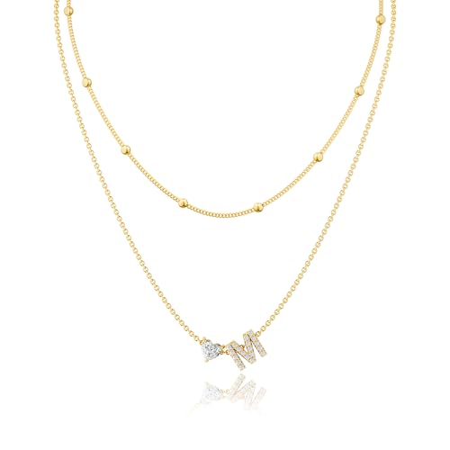 Tewiky Herz Buchstaben Kette Damen - 14K Gold Vergoldet/Silber Kette mit Buchstaben M Herz Anhänger Schmuck Personalisierte Geschenke für Frauen Mädchen Freundin