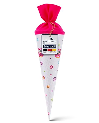goldbuch 93 043 Geschwistertüte Eule, Schultüte aus Lackarton mit Eulen-Blumenmuster, Geschenkverpackung mit pinkem Filzverschluss (ohne Verschlussband), Zuckertüte rund, Länge 35 cm, Ø 11,5 cm, Weiß