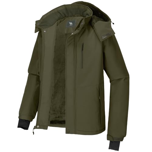 CAMEL CROWN Herren Mountain Snow Wasserdichte Skijacke Abnehmbare Kapuze Winddicht Fleece Parka Regenjacke Wintermantel, Dunkelgrün, Large