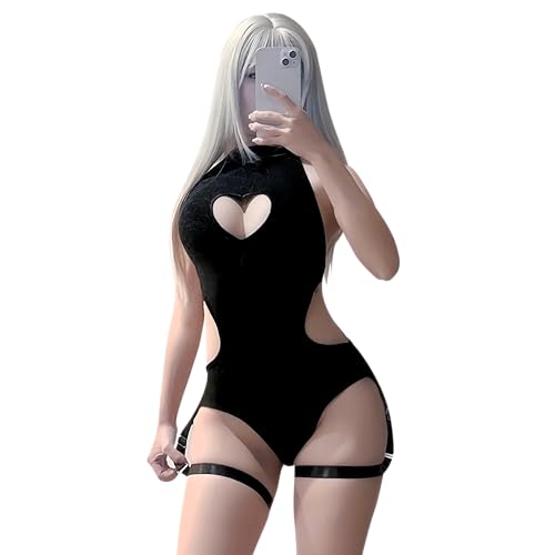 KORURACLUB Sexy Bodysuit Rückenfreier Hollow Body Black Sexy Damen Outfit Club Rave Kostüm Cosplay Dessous(Schwarz XS-M)