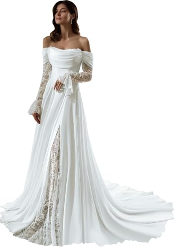 Schulterfreies Satin-Brautkleid Mit Spitze LangäRmelig A-Linie Perlenspitze Applikation Funkelndes Brautballkleid Style2-white L