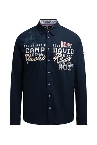 Camp David Herren Strukturiertes Langarmhemd mit Logo-Applikationen Blue Navy, XL