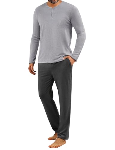 Uniexcosm Schlafanzug Herren Lang Zweiteiler Herbst Winter Pyjama Set Baumwolle Rundhals Oberteil mit Knöpfen und Pyjamahose Schlafanzüge für Männer Hellgrau 3XL
