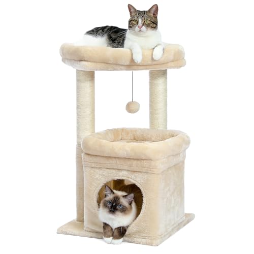 PAWZ Road Kleiner Katzenbaum, mehrstöckiger Katzenturm mit Sisal-überzogenem Kratzbaum, gemütlicher Katzenwohnung und großer Katzensitzstange für Hauskatzen, Beige