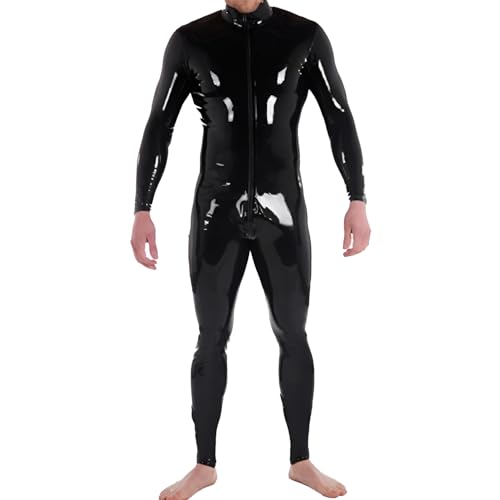 GREEFEI Herren Latex Anzug mit Frontreißverschluss,Klassischer Latex Catsuit für Herren Bodysuit Handgefertigte Kostüme M