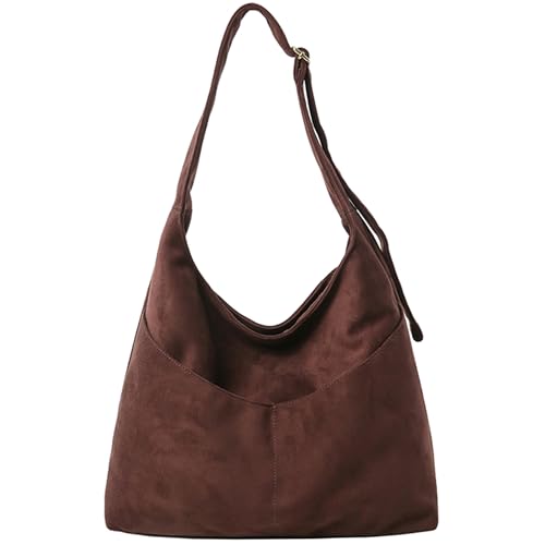 JANSBEN Wildleder Handtasche Damen Groß Shopper Tasche Damen Schultertasche Suede Hobo Bag Umhängetasche für Freizeit, Arbeit, Reisen Kaffee