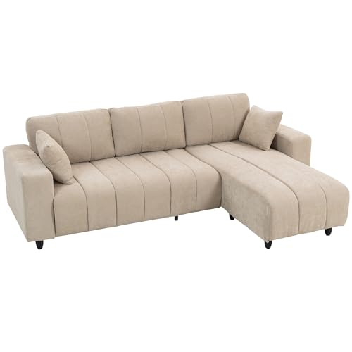 HOMCOM Ecksofa, 3 Sitzer Couch mit umkehrbarer Chaiselongue, Kissen, Sofa in L-Form, Gepolstert Eckcouch mit Leinen-Optik für Wohnzimmer, Schlafzimmer 242 x 156 x 87 cm, Beige