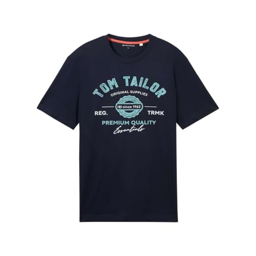 TOM TAILOR Herren T-Shirt mit Logo-Print aus Baumwolle, Dark Blue, XL