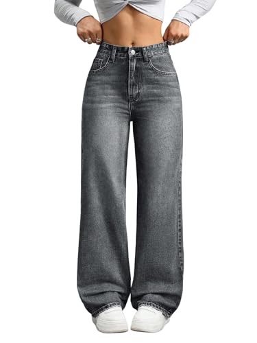 SOLY HUX Damen Jeanshose Denim Hose Elegant Hohe Taille Jeans mit Taschen Baggy Denimhose mit Weitem Bein Oversized Freizeithose Hellblau L