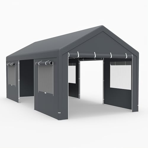 COSTWAY Zeltgarage Carport, 586 x 305 cm Garagenzelt Winterfest, Lagerzelt mit abnehmbaren Seitenwänden, Rolltüren & belüfteten Fenstern, Weidezelt Unterstand für Auto, SUV, LKW, PKW (Grau)