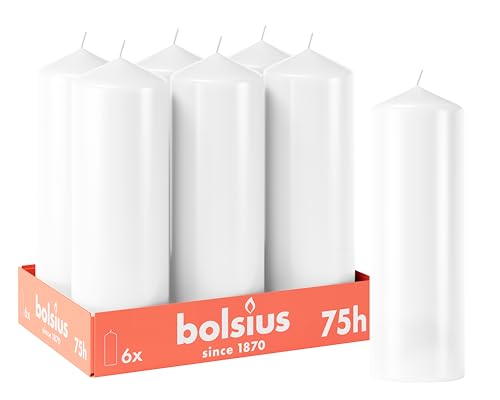 Bolsius Glatte Stumpenkerzen - Weiß - 6 Stück - 20 x 7 cm - Dekorative Haushaltkerzen - Brenndauer 75 Stunden - Unparfümierte - Enthält Natürliches Pflanzenwachs - Ohne Palmöl