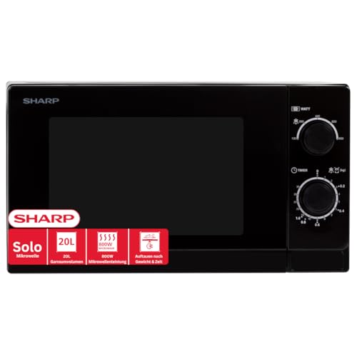 Sharp R200BKW Solo Mikrowelle 20 L 800 W 5 Leistungsstufen 35 Minuten Timer Auftaufunktion Energiesparmodus Glasdrehteller 25,5 cm Schwarz