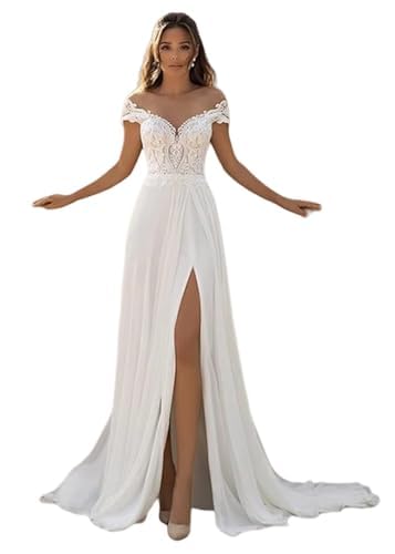 IUYRESX Hochzeitskleider Für Damen Gast,Spitze Applikationen Brautkleider Standesamt V-Ausschnitt Hochzeitskleider Für Damen Mit Schleppe Elfenbein 38