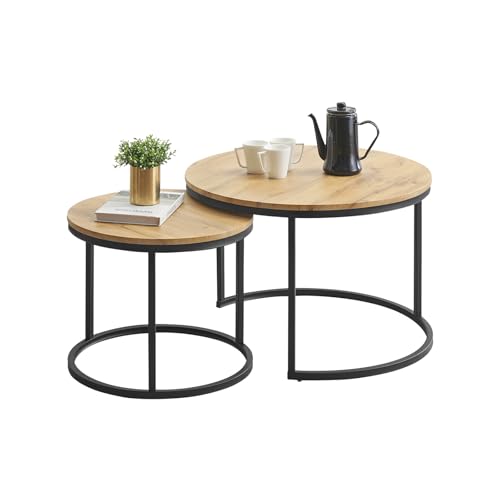 Soayone Couchtisch 2er Set, Moderne Couch Tisch mit Schwarz Metallgestell, Couchtisch Eiche, Couchtische Rund Schwarz, Living Room Table, Kaffeetisch, Wohnzimmertisch Holz 70x70x45 & 50x50x35 cm