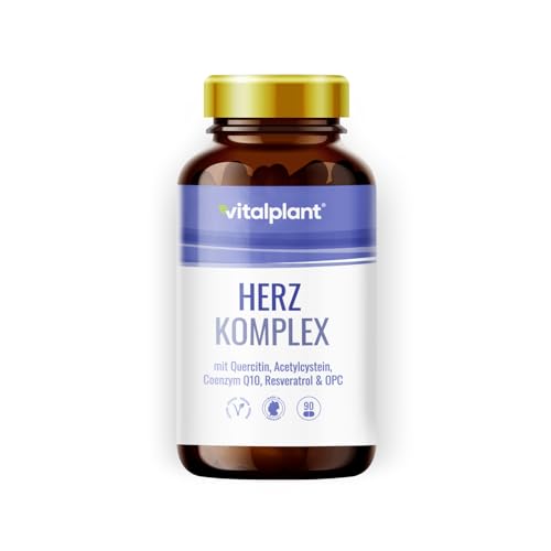 Vitalplant® Herz-Gefäß-Komplex hochdosiert mit Quercetin, Vitamin C, Acetylcystein, CoQ10, Grüner Tee Extrakt, Vit. E, B1, OPC, Resveratrol, Carotinoide & Folsäure | 90 Vegan Stk. | Made in Germany