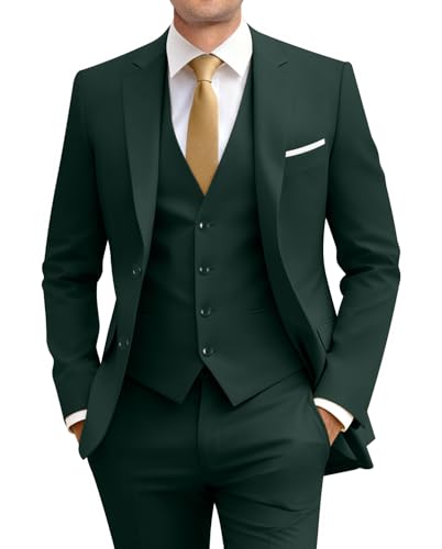 Amyox Slim Fit 3-teiliger Anzug für Herren, Zwei Knöpfe, Business Hochzeits-Smoking, Anzug-Set, Jacke, Weste, Hose, mit Krawatte, Dunkelgrün, XL