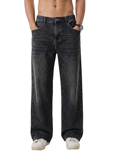 JMIERR Jeans Herren Baggy Baumwolle Weite Jeans Hose Herren Stretch Vintage Loose Fit - Bequeme Streetwear Freizeithosen Schwarz L